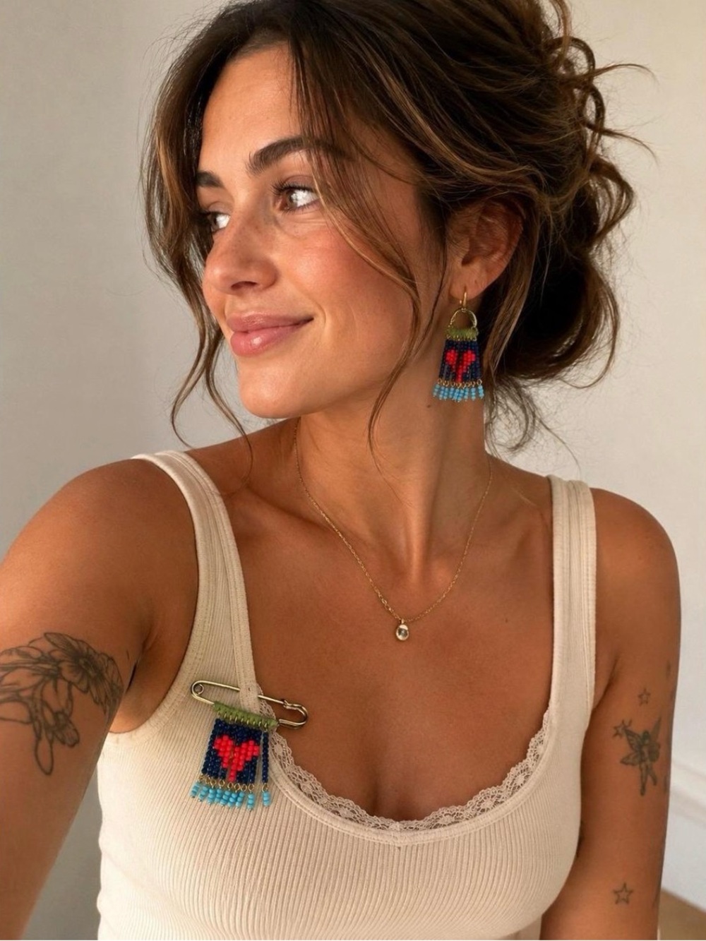 Free People Beaded Heart Brooch Pin Blue Red Fringe Boho Accessory New